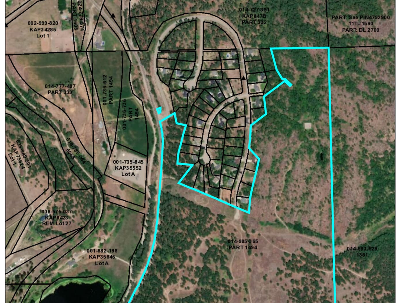 ParcelMap BC aerial view showing Copper Sky subject parcel outlined on Observation Mountain benchlands