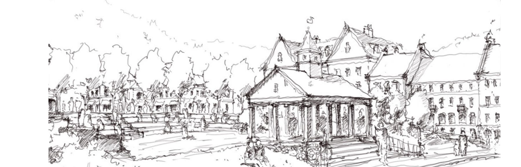 Architectural sketch of Copper Sky amphitheatre green with colonnade structure