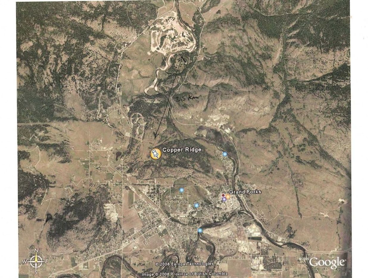 Google Earth regional context showing Grand Forks location and Copper Ridge
