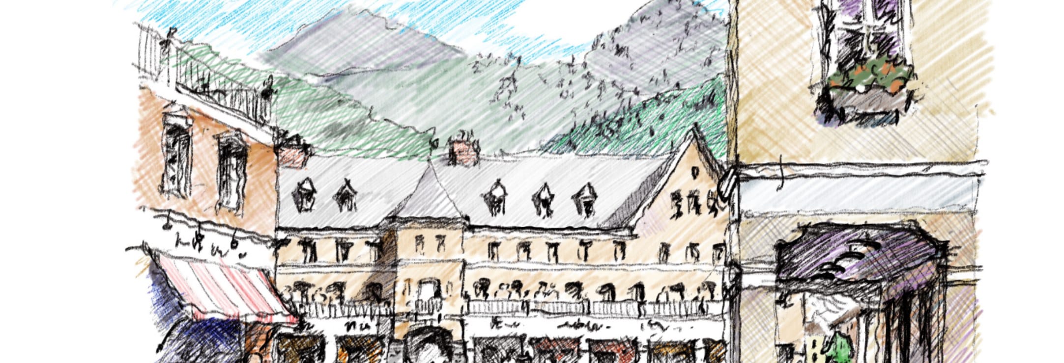 Copper Sky master-planned community vision — coloured market square sketch, Grand Forks BC