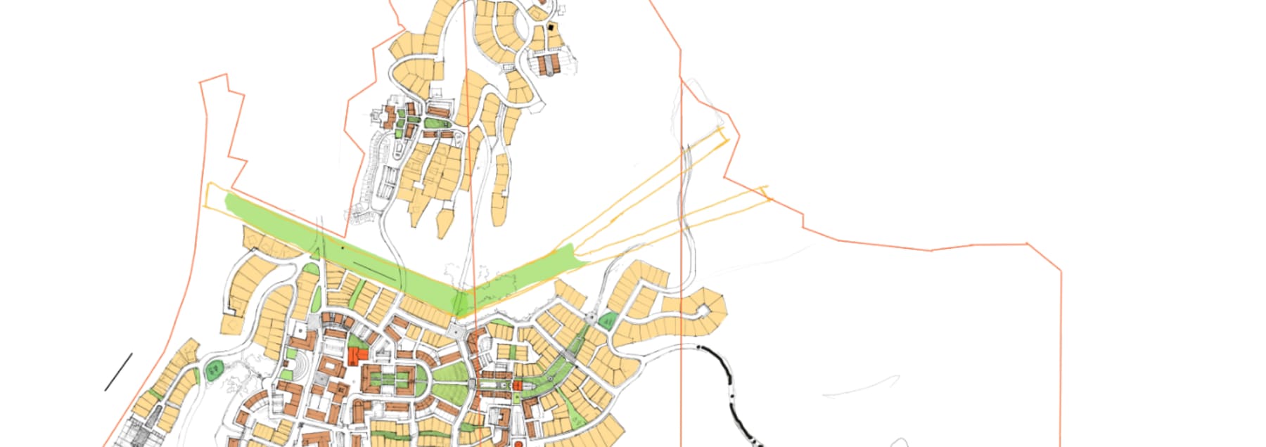 Copper Sky master plan concept showing orange residential lots, green corridors, and salmon site boundary