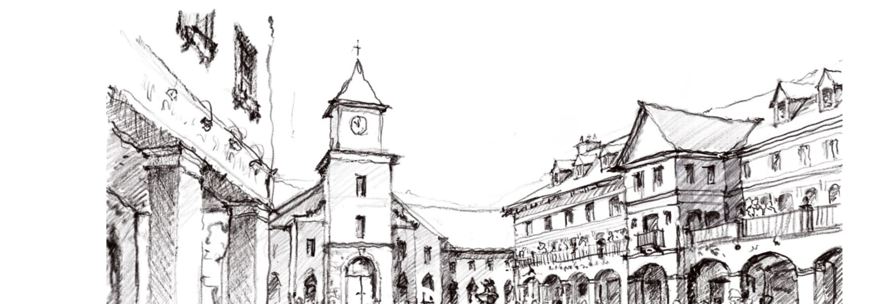 Architectural sketch of Copper Sky market square with clock tower and arcaded buildings